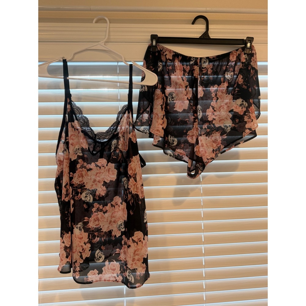 Torrid Pink Rose Skull Print Sheer Chiffon Lace Trim Cami Shorts Pajama Set 3x
